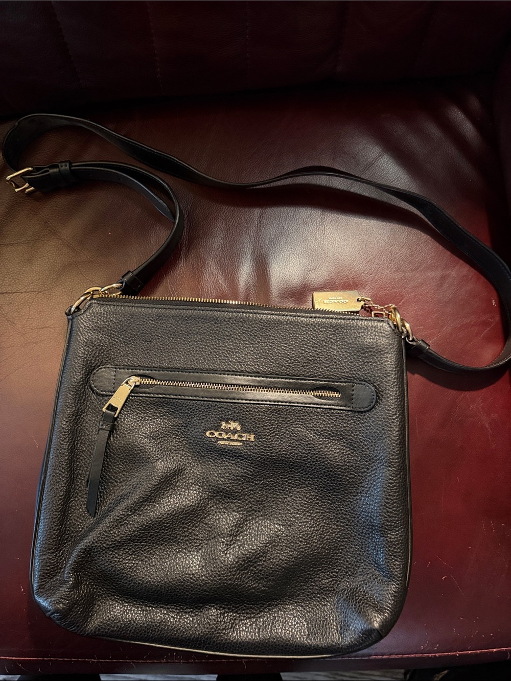 Coach Black Pebbled Leather Messenger Crossbody with Gold Hardware